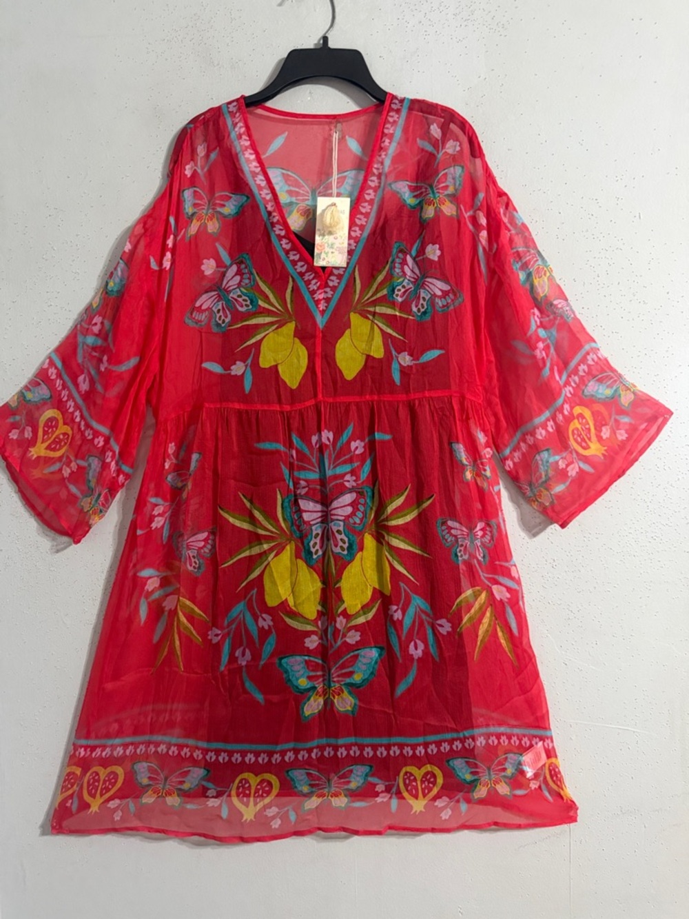 100% SILK NWT Johnny Was Bright Red Butterfly Print V-Neck Women's Dress
